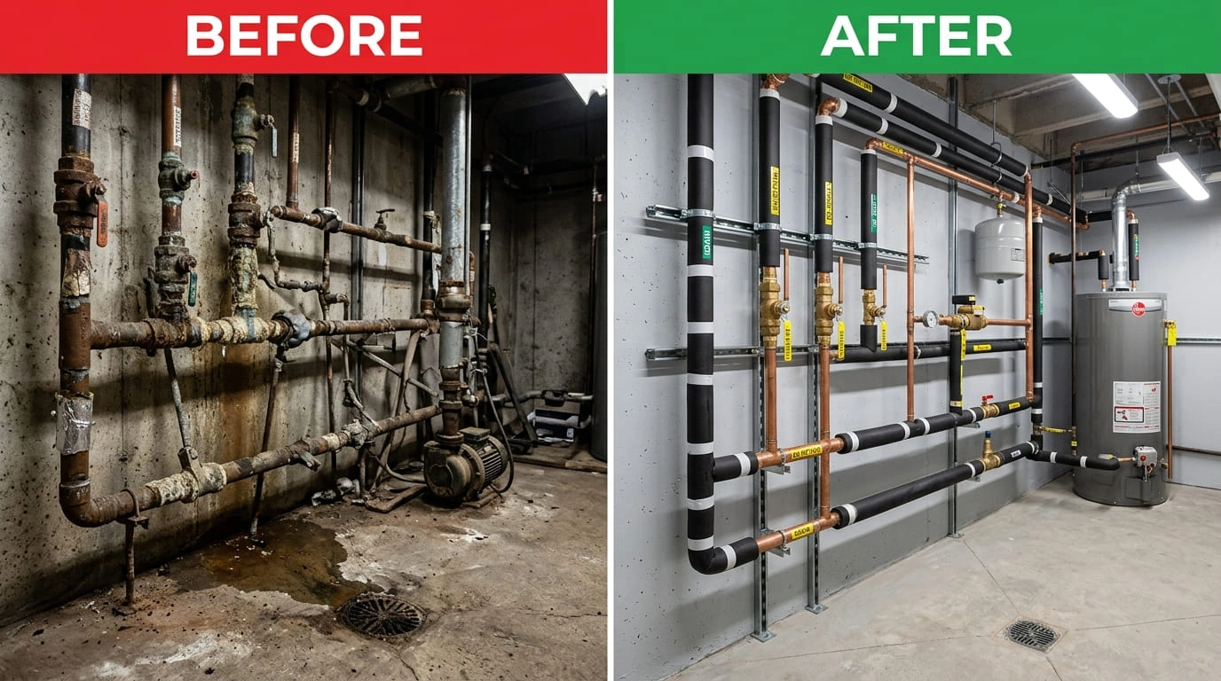 Commercial pipe repiping and replacement before and after by Calat Milwau Plumbing in Milwaukee WI
