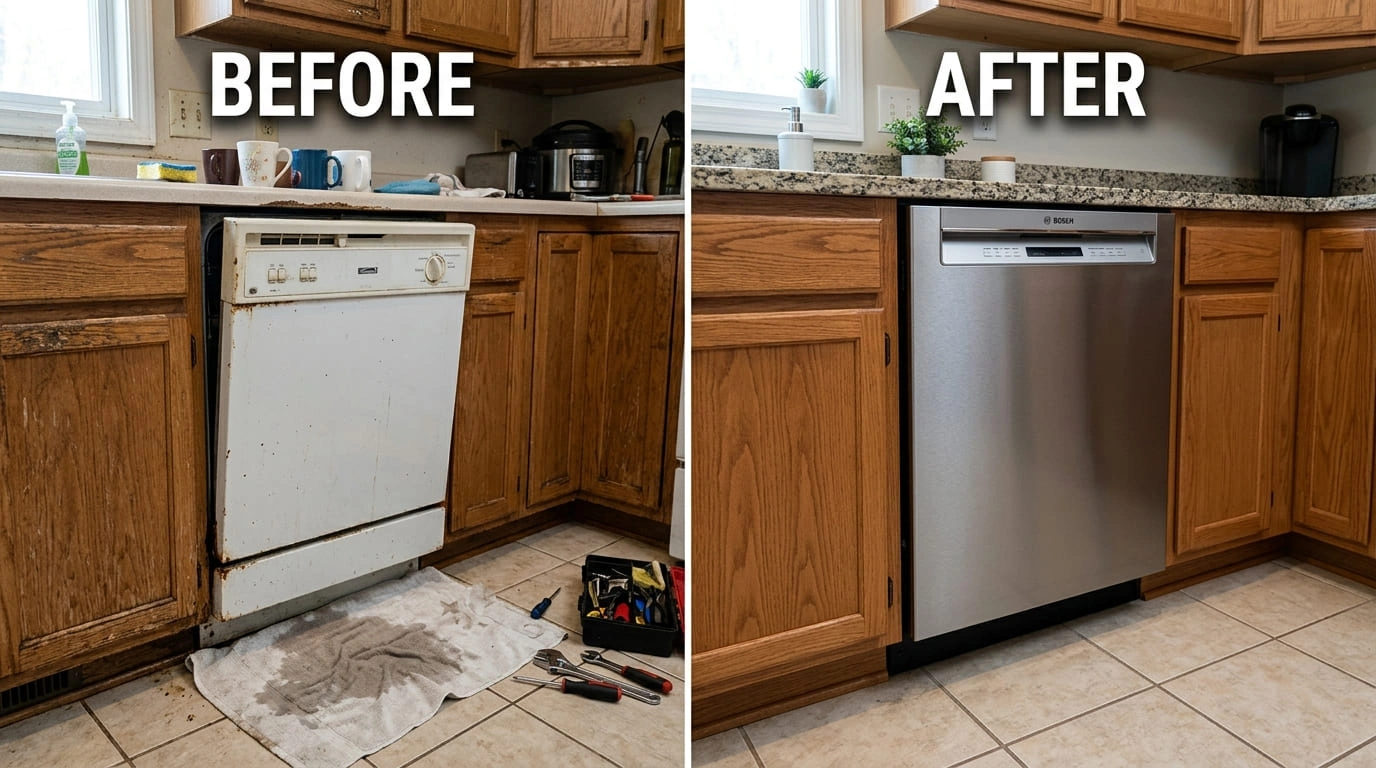 Dishwasher Repair and Replacement Before and After - Calat Milwau Plumbing Milwaukee WI