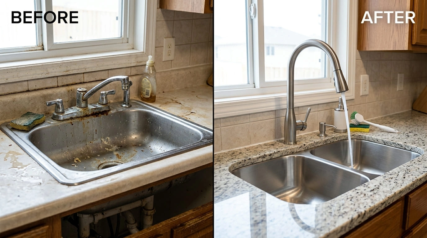 Before and after faucet and sink repair and replacement by Calat Milwau Plumbing in Milwaukee, WI