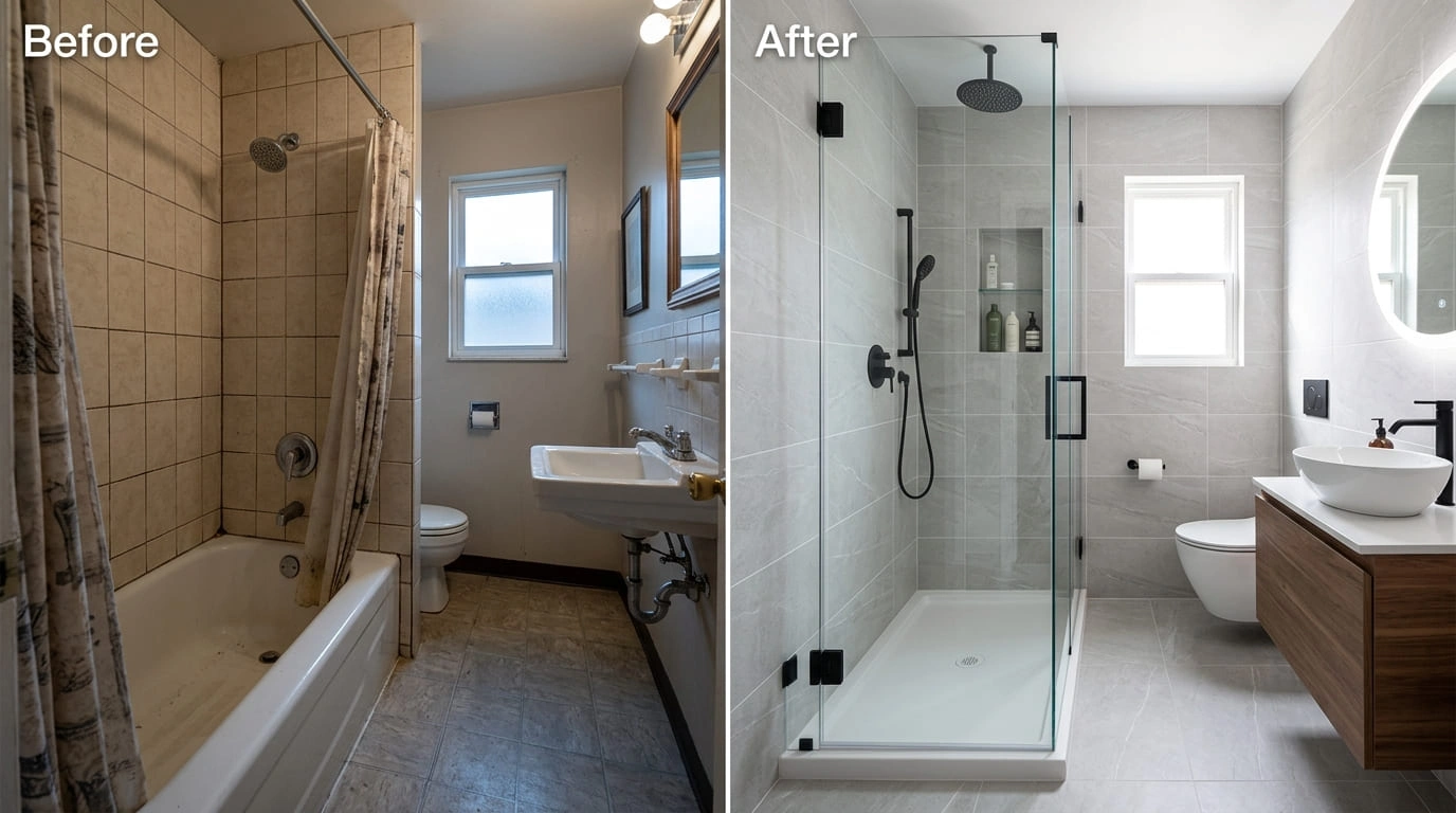 Before-and-after tub-to-shower conversion project by Calat Milwau Plumbing in Milwaukee, Wisconsin