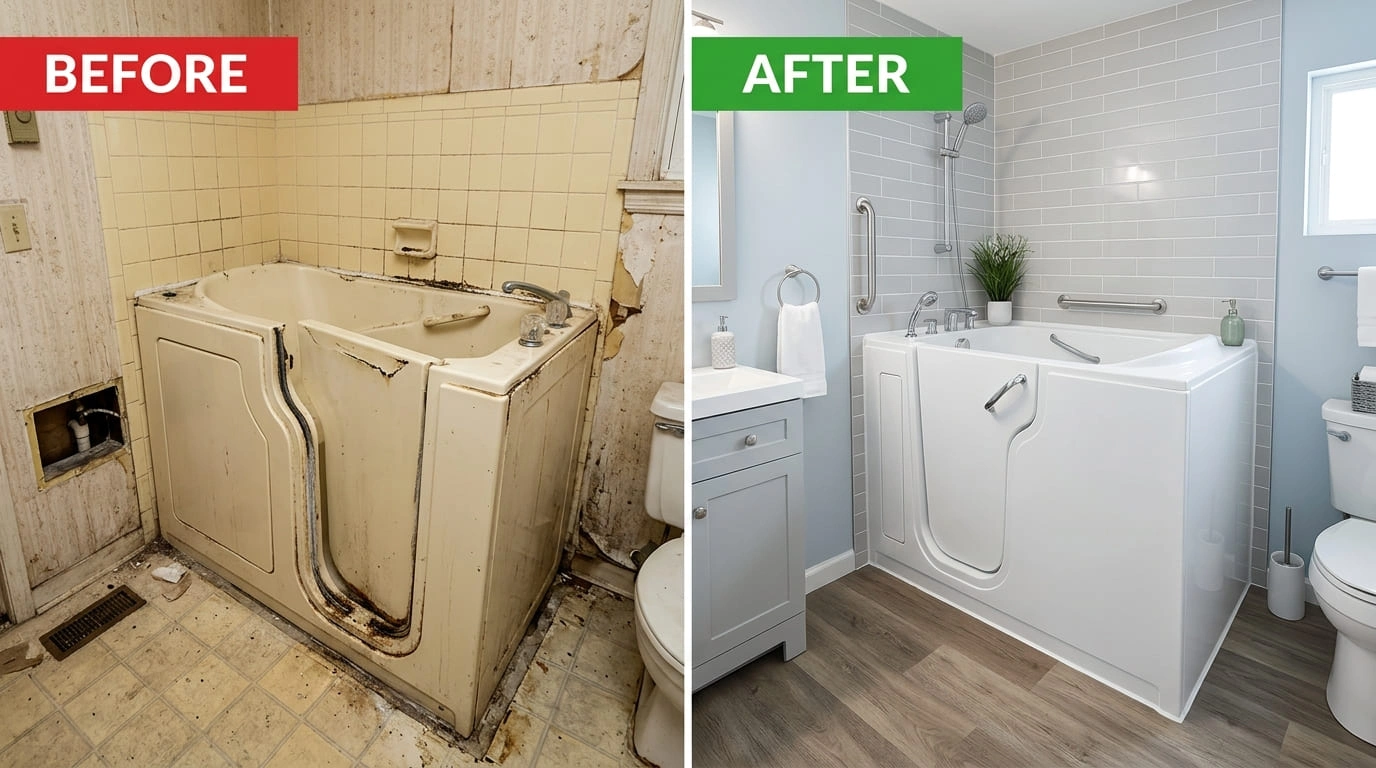 Walk-in tub replacement before-and-after image for a Milwaukee plumbing project