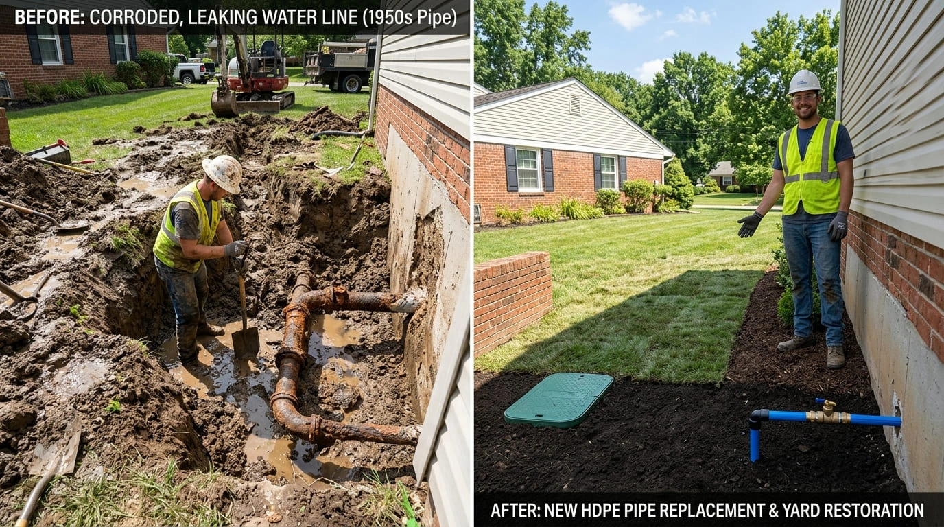 Water Line Replacement and Yard Restoration Before and After in Milwaukee WI by Calat Milwau Plumbing