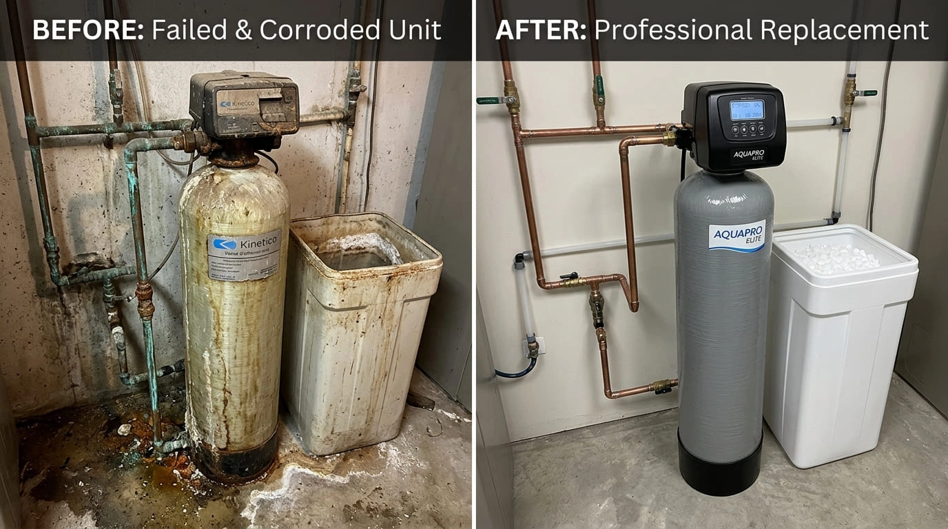Water softener replacement before-and-after image for a Milwaukee plumbing project